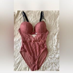 Bebe Pink Lace Bodysuit with Black Straps